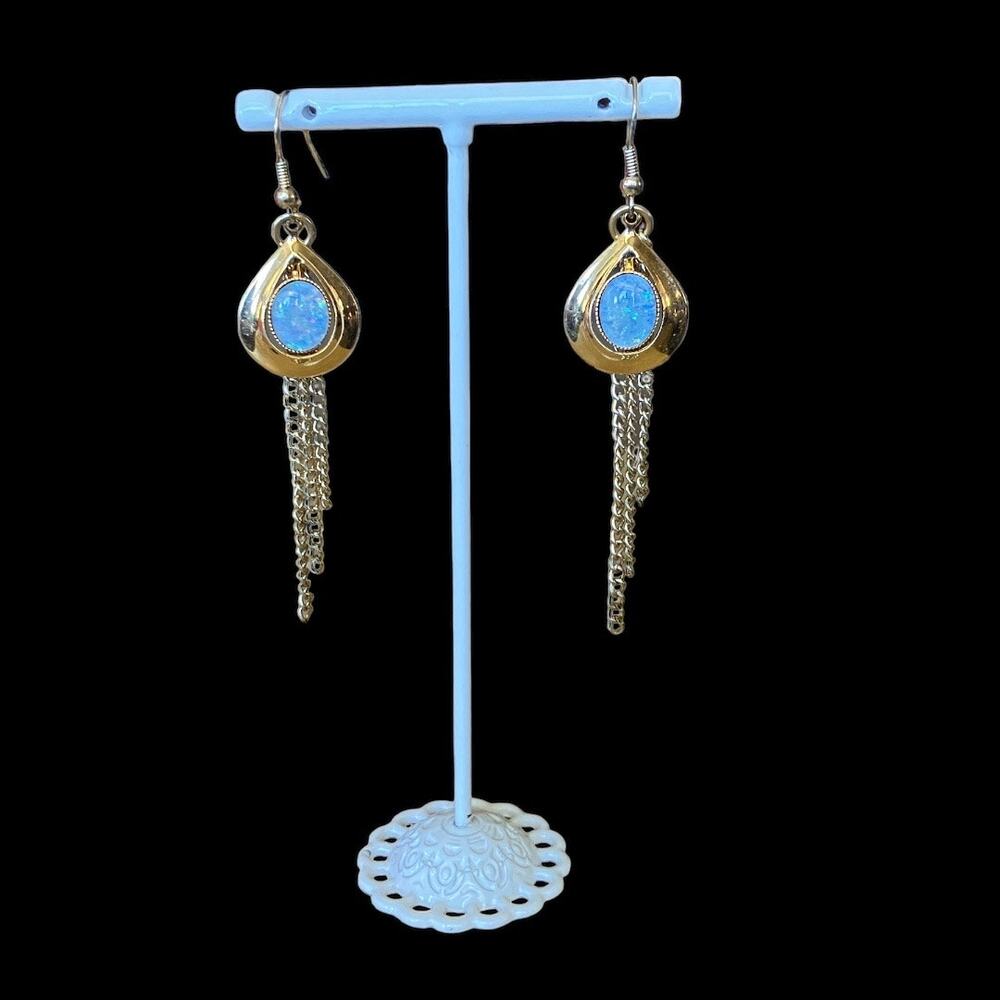 Vintage Dangle Earring Faux White Opal Gold Fringe